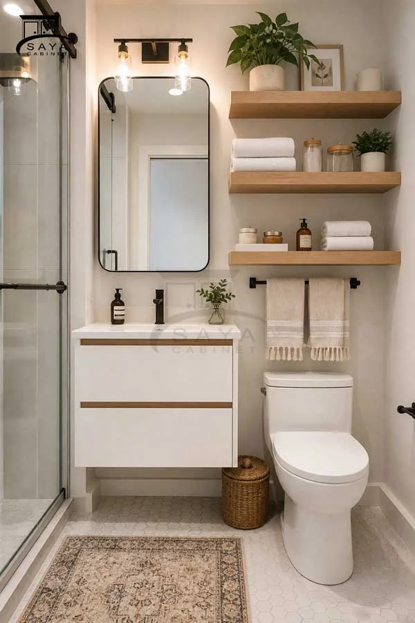 شلف دیواری یا روشویی کابینتی؛ کدام برای سرویس بهداشتی کوچک مناسبتر است؟ 2 نظم دهی سرویس بهداشتی کوچک