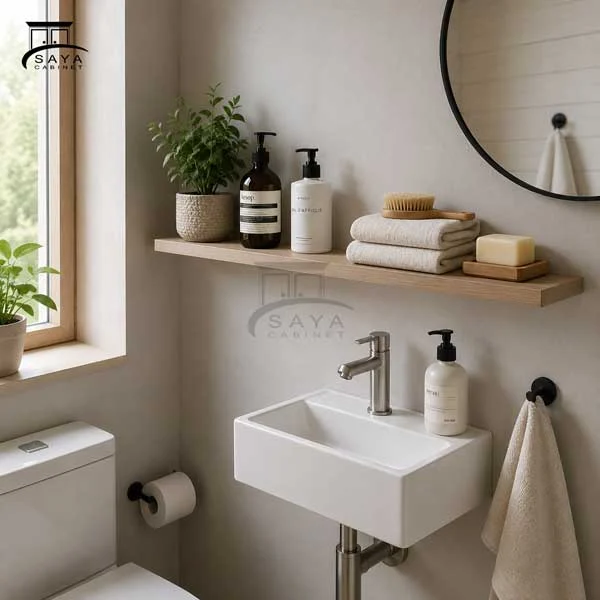 شلف دیواری یا روشویی کابینتی؛ کدام برای سرویس بهداشتی کوچک مناسبتر است؟ 3 شلف دیواری برای سرویس بهداشتی کوچک